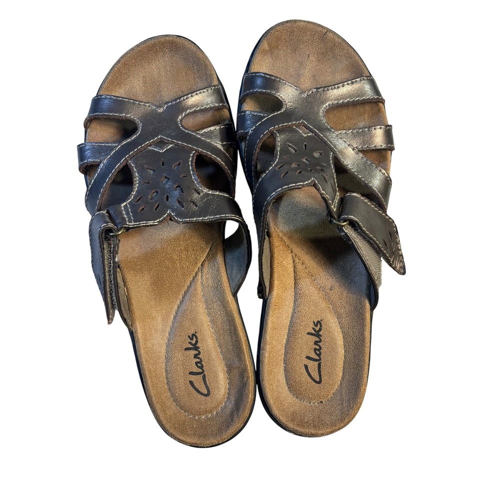 Clarks Womens Metallic Bronze Leather Laser Cut Slide Sandals 7M 26100127‎